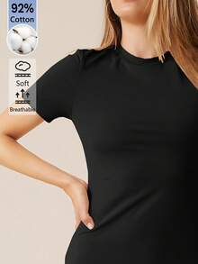 SHEIN BASICS 女款素色圓領短袖貼身優雅洋裝夏季女裝套裝 - 黑色 - 查看 4