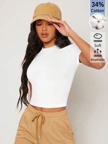 SHEIN BASICS Women's Solid Color Casual Round Neck Short Sleeve Cropped T-Shirt Tops For Women White Tops - White - View 7
