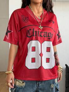 Coolane 女士春夏Y2K街头复古透气网眼印花数字图案足球T恤 - 紅色 - 查看 5
