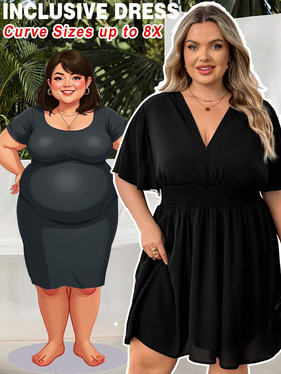 SHEIN CURVE+ Vestido de línea A con cuello en V y volantes en el bajo, adecuado para playa, vacaciones, estilo bohemio, hippie, Y2K, verano, Día de San Valentín, vestido elegante para citas