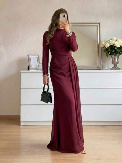 Modelyn Sequin Pearl Cuff Elegant Formal Long Sleeve Dress, Luxurious & Elegant Lady Evening Gown For New Year, Christmas Gown, Party Autumn And Winter Bridesmaid Dress, Wedding Guest Dress