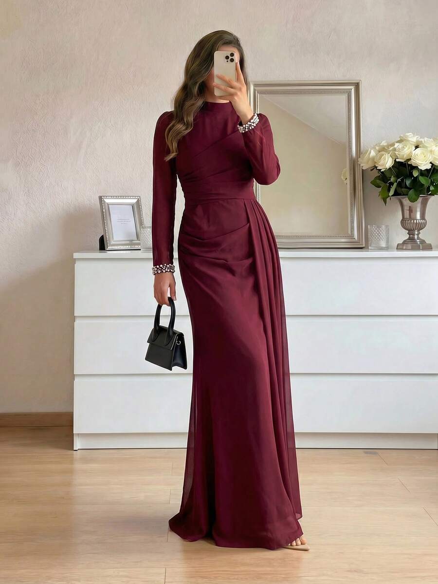 Modelyn Sequin Pearl Cuff Elegant Formal Long Sleeve Dress, Luxurious & Elegant Lady Evening Gown For New Year, Christmas Gown, Party Autumn And Winter Bridesmaid Dress, Wedding Guest Dress - Burgundy - View 1