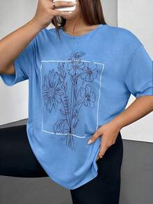 SHEIN EZwear 大码碎花落肩短袖T恤，浅蓝色 - 淺藍色 - 查看 1