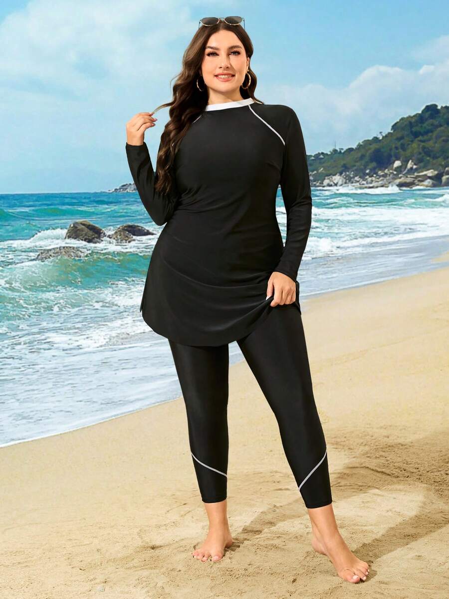 Swim Mulvari 2025 New Women Two-Piece Long Sleeve & Long Pants Burkini, Black Solid Color Modest Swimwear,European Fashion Crossover Summer Beach Holiday - Black - View 1