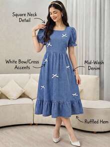 Elegant Vacation Seaside Boat Neck Puff Sleeve Bowknot Decor Waist Dress,Teen Girls Light Green Modest Dress Long Modest Dresses For Girls And Ladies Teen Modest Dress,Suitable For Spring And Summer,Season Vintage//Beach/Sea/Elegant Graduation Outfit,Casual Women's Jumpsuit,Summer Holiday Outfits ,Spring Clothes Outfit,Beach Outfits For Women,Vacation Outfits Women,Valentine's Day Outfit - Medium Wash - View 1