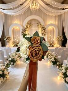 1pc Caramel Artificial Rose Bridal Bouquet, Wedding Handheld Flower Bouquet, Romantic Vintage Bridesmaid Holding Flower For Wedding Party Ceremony Home Decoration - Burnt Orange - View 2