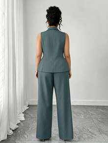 Elenzga Plus Size Women Commuting Minimalist Striped Vest And Pants 2 Pieces Set - Teal Blue - View 2