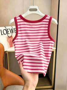 Resyla Áo ba lỗ nữ/Áo phối màu/Áo ba lỗ in hình chó Dachshund và cún con kẻ sọc/Áo tank top gân/Áo thời trang cổ tròn thường ngày dành cho nữ/Mùa hè - Nhiều màu - Xem 2