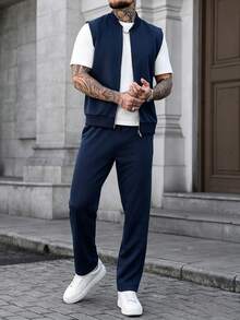 Manfinity Homme Conjunto de chaleco y pantalones de unicolor con cremallera para hombre - Azul Marino - Ver 6