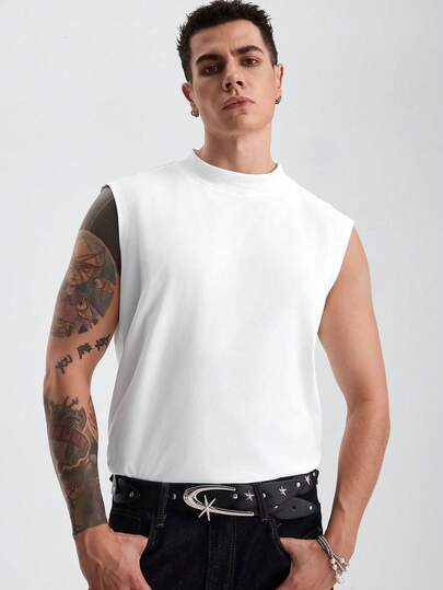Zorclune Men's Solid Color Plain Stand Collar Casual Sleeveless Tank Top With Pleats, For Going Out