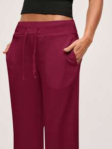 SHEIN BASICS 女士休闲纯色针织低腰阔腿运动裤 - 酒紅色 - 查看 6