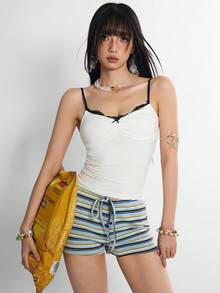 Rina Fox 女士多巴胺彩色条纹抽绳短裤，低腰紧身性感短裤，夏季休闲街头风短裤 - 藍色 - 查看 5