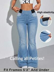 SHEIN PETITE 女款休閒日常通勤極簡百搭彈性高腰水洗喇叭牛仔褲 - 淺色水洗藍 - 查看 8