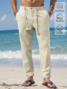 VENTUSAIL Men Solid Drawstring Waist Pants Tapered Long Slacks Linen Cool Plain Going Out, Fall, Holiday - Apricot - View 6