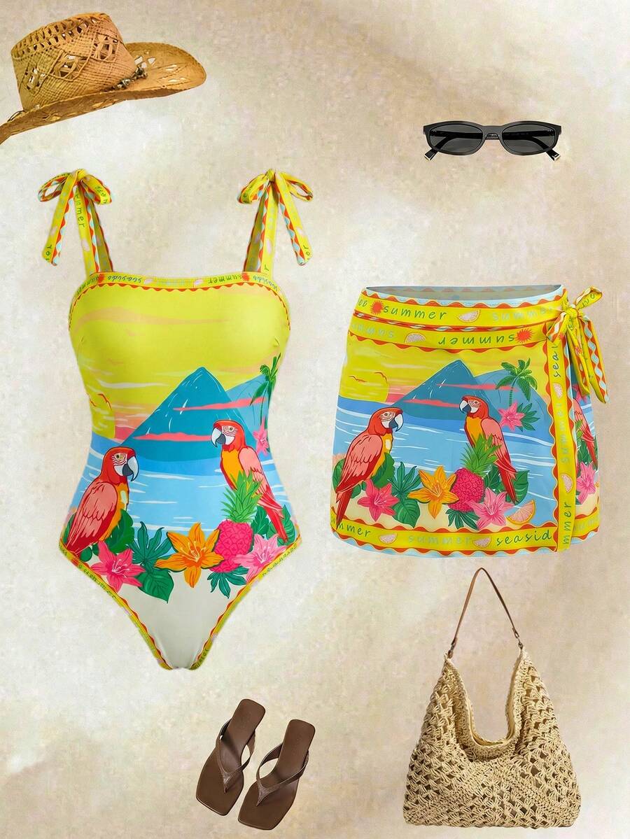 Swim Oasis 法国南部高端度假风鹦鹉系带连体泳衣搭配半身裙 - 彩色 - 查看 1