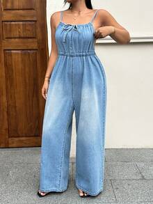 Rivivi Plus Size Women Casual Tie-Up Denim Jumpsuit For Summer - Medium Wash - View 1