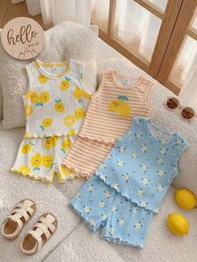 SHEIN Playful Pals 6件套女婴套装，白色、橙色、蓝色柠檬条纹、碎花、波点印花无袖上衣+松紧腰短裤，休闲可爱清新套装，柔软针织罗纹面料，适合春夏日常外出、上学、购物、公园、聚会、旅行等场合。 - 彩色 - 查看 11