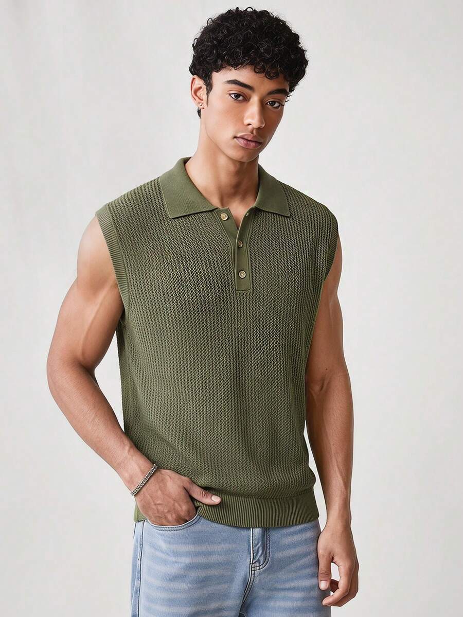 ESTAVOR Áo dệt kim không tay đơn sắc tối giản dành cho nam, thích hợp mặc hàng ngày. - xanh quân đội - Xem 1