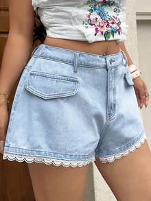 Rivivi Quần short denim không co giãn dành cho nữ cỡ lớn, denim xanh bạc màu với viền ren trắng, quần short denim cạp cao cho nữ cỡ lớn, hàng mới về mùa hè. - Rửa nhẹ - Xem 4