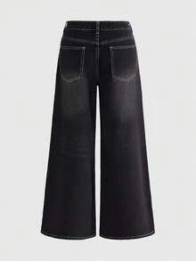 ROMWE Grunge Punk Vintage Distressed Dark Gothic Dragon Skull, Lotus, Thorn Print Wide Leg Jeans - Black - View 2
