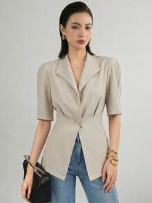 xheHeiryn Blazer casual delgado de unicolor de manga corta con un solo botón para mujerxhe - Caqui - Ver 3