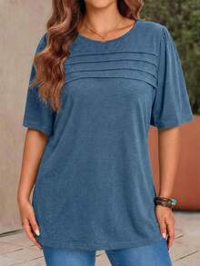 EMERY ROSE Plus Size Women's Solid Color Minimalist Daily Wear Round Neck Short Sleeve T-Shirt - Dusty Blue - View 4