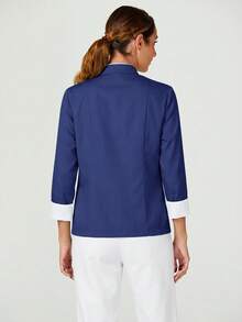 TaskEZ Women's Contrast Color Button-Up Collar Long Sleeve Work Uniform Chef Jacket In 3- 4th Sleeve For Women - Navy Blue - View 2