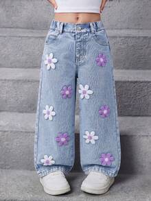SHEIN ChillGRL Quần jean rộng thùng thình cho bé gái, quần jean dáng rộng kiểu Y2K, quần jean ống rộng, quần jean rộng cho bé gái, quần jean dáng suông, hàng mới về năm 2025, thời trang thẩm mỹ, họa tiết bông tuyết, quần ống loe bạc màu, thêu họa tiết, quần jean bốn mùa thu đông, màu xanh nhạt dáng rộng với họa tiết thêu trắng và tím, quần jean trẻ em thập niên 90, quần jean Giáng sinh. - Rửa nhẹ - Xem 3