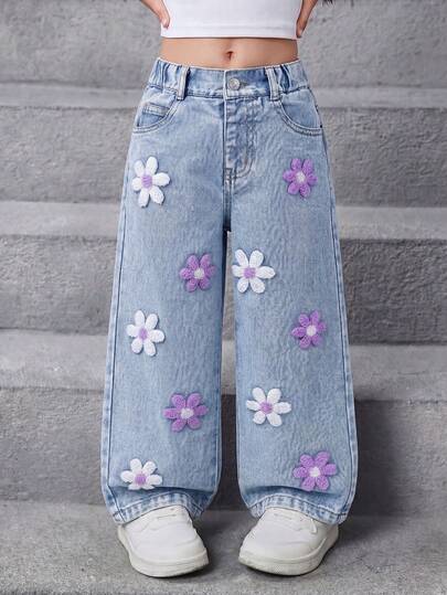 SHEIN ChillGRL Young Girl Baggy Jeans Y2k Oversized Jeans Wide Leg Jeans Girls Baggy Girls Jeans Loose Jeans New Arrival 2025 Aesthetic Fashion Snowflake Washed Distressed Embroidered Flare Pants Fall&Winter Four Season Light Blue Loose-Fitting Jeans With White And Purple Embroidery 90s Kids Christmas