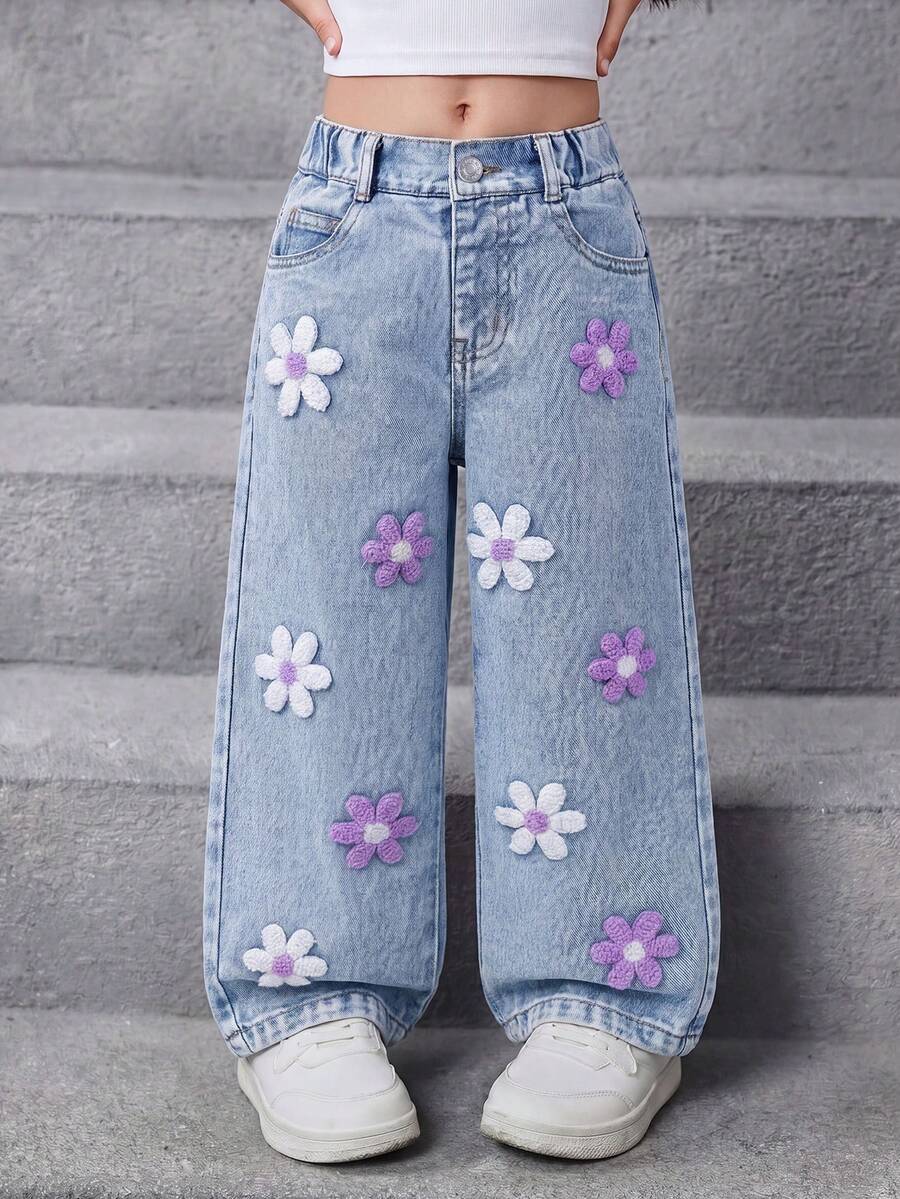 SHEIN ChillGRL Quần jean rộng thùng thình cho bé gái, quần jean dáng rộng kiểu Y2K, quần jean ống rộng, quần jean rộng cho bé gái, quần jean dáng suông, hàng mới về năm 2025, thời trang thẩm mỹ, họa tiết bông tuyết, quần ống loe bạc màu, thêu họa tiết, quần jean bốn mùa thu đông, màu xanh nhạt dáng rộng với họa tiết thêu trắng và tím, quần jean trẻ em thập niên 90, quần jean Giáng sinh. - Rửa nhẹ - Xem 1