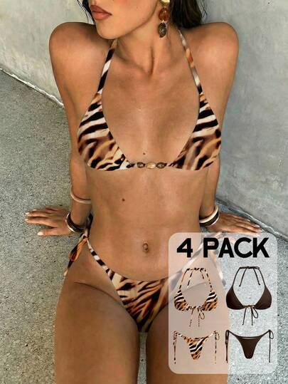 Aloruh Women's Bikini Set, Sexy Brown Zebra Print Mini Triangle Cup Halter Tie Bikini Top With Mini Tie Side Bottoms, 4pcs Bikini Set For Spring/Summer Vacation