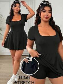 SHEIN EZwear 黑色休闲加大码女式方领短袖连体裤 - 黑色 - 查看 1