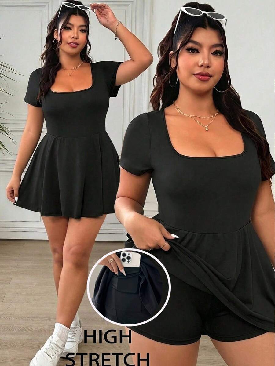 SHEIN EZwear 黑色休闲加大码女式方领短袖连体裤 - 黑色 - 查看 1