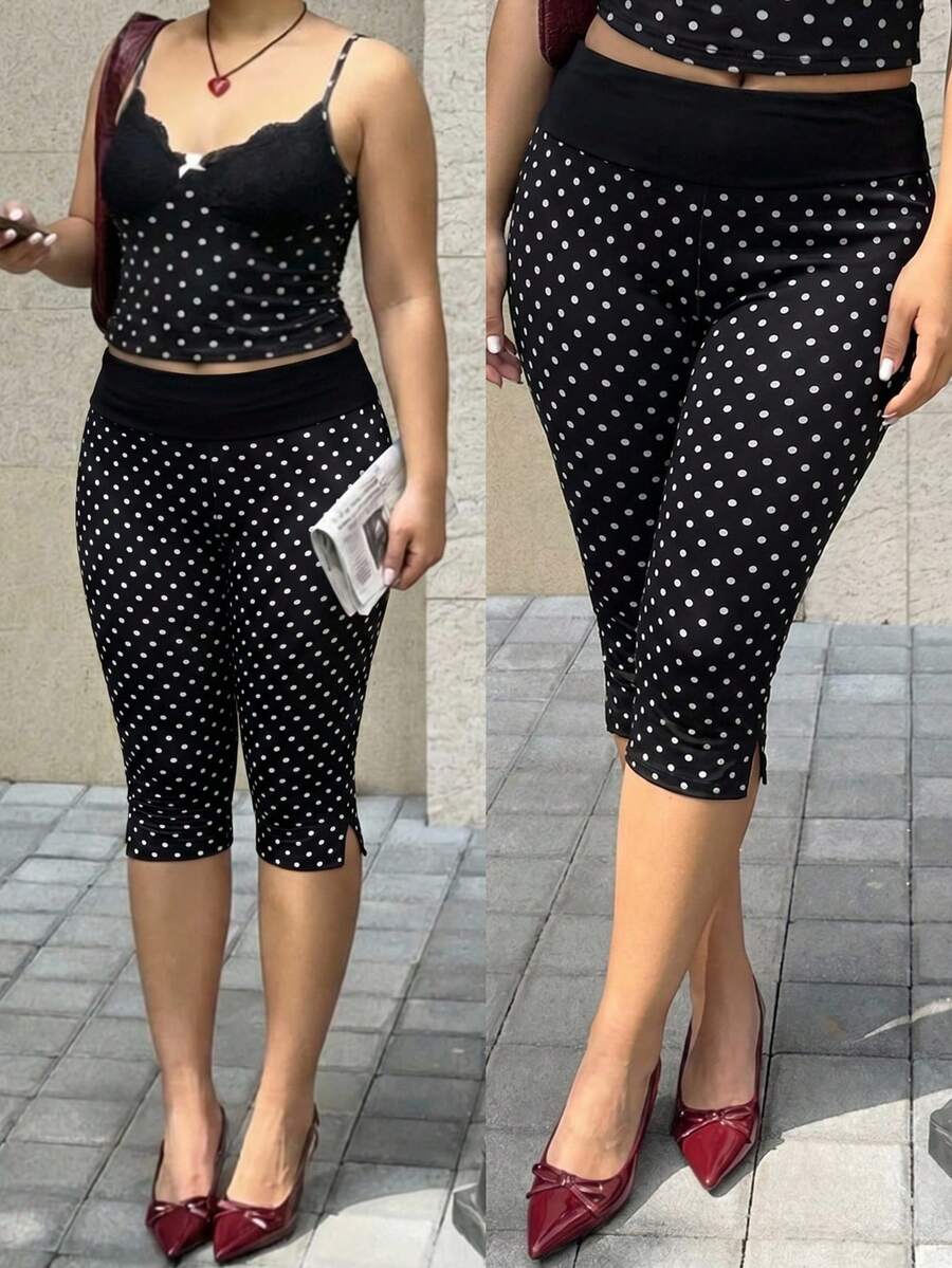 GalTyme Plus Size Polka Dot Print High Waist Leggings