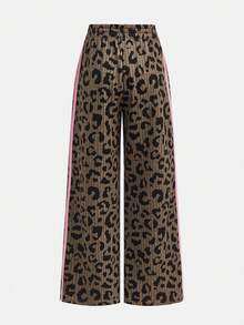 SHEIN Tween Girls Y2k Brown And Pink Leopard Print Patchwork Knit Sweatpants,Loose Drawstring Casual Comfortable Pants For Summer,Music Festivals,Holiday - Multicolor - View 2