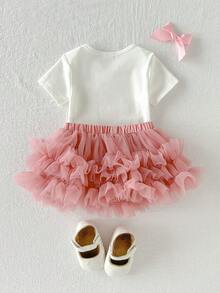 Cozy Pixies Newborn Baby Girl Off-White Summer Cute Photo Shoot 1st Birthday,Wedding,Vacation Outfit,Elegant Bow Letter Knit Romper,Ruffle Mesh Skirt 2-Piece Set - Pink - View 2