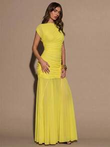 SHEIN BAE Đầm ôm sát không tay cổ tròn xếp ly màu đỏ tía dành cho nữ, đầm dài thanh lịch hiệu Venus Lady, thích hợp cho kỳ nghỉ, lễ hội, Giáng sinh, tiệc tùng, hẹn hò, sinh nhật. - Màu vàng - Xem 4