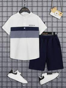 SHEIN Tween Boy Letter Graphic Colorblock Shirt & Shorts - Blue and White - View 1