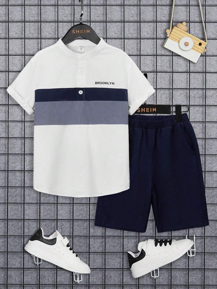 SHEIN Tween Boy Letter Graphic Colorblock Shirt & Shorts - Blue and White - View 1