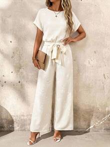 Ellevyn Bộ jumpsuit ống rộng hở lưng, viền hoa, màu mơ. - Màu be - Xem 3