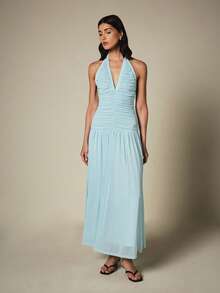 KSTM Ruched Halter Neck Maxi Dress With Deep V-Neckline Open Back And Flowy Pleated Skirt Summer Evening - Blue - View 1