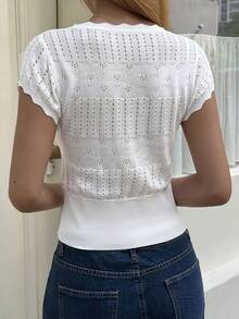 DAZY Women's Solid Color Single-Breasted Button Design Casual French Knit Top, Spring Summer Day Party White Vacation - White - View 2