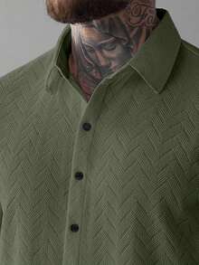 SLATEMANN Men's Summer Casual Fashionable Street Wear Textured Fabric Sequin Short Sleeve Shirt, Suitable For Daily Commute - Army Green - View 6