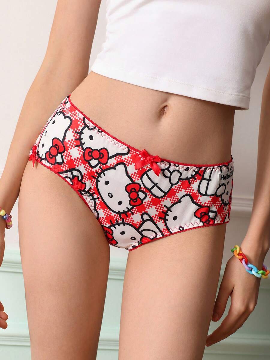 Chillnights HELLO KITTY AND FRIENDS | SHEIN 可爱甜美撞色紧身蝴蝶结俏皮娃娃款女士丁字裤 - 紅色 - 查看 1