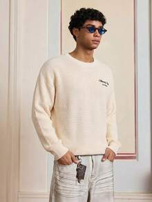 SWAVVY Men's Casual Embroidered Drop Shoulder Long Sleeve Sweater - Beige - View 3