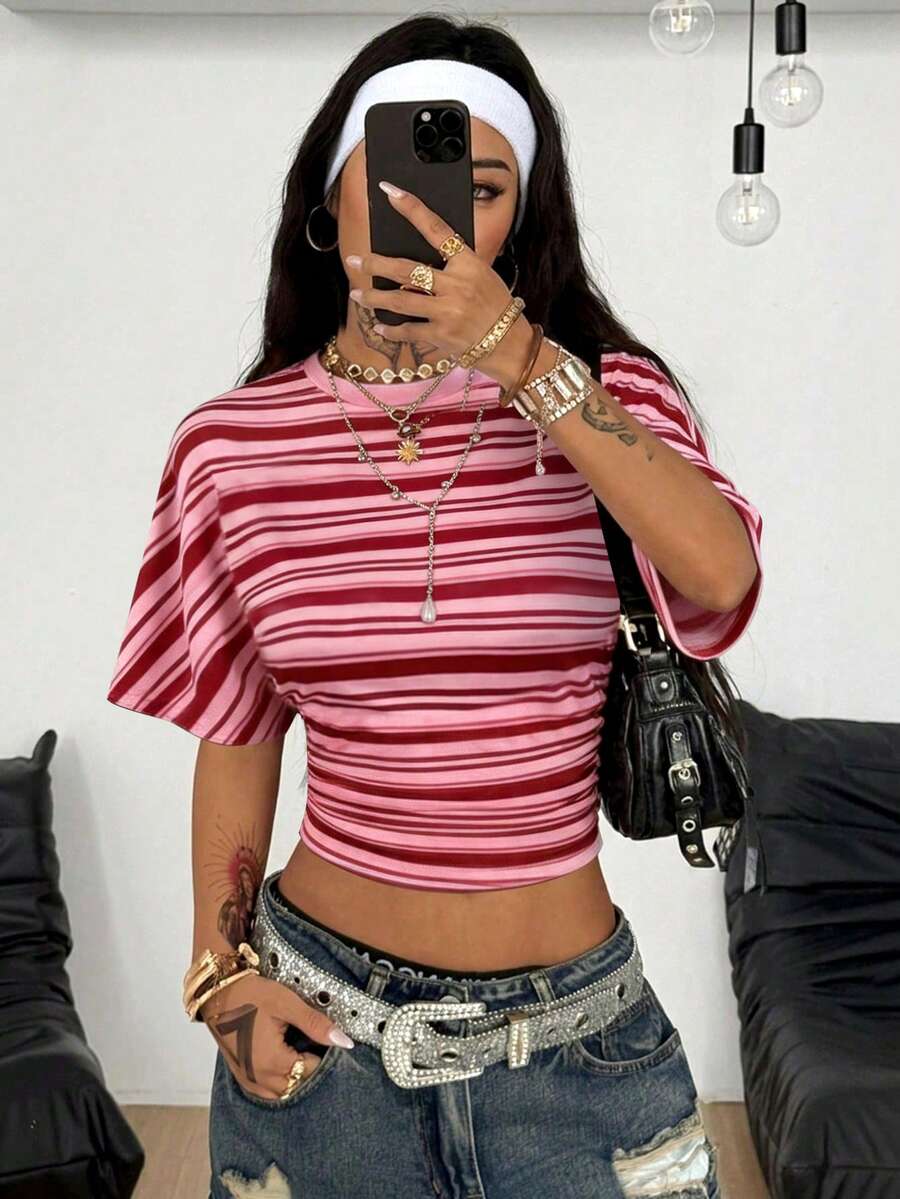 Coolane 女士条纹圆领短袖露脐休闲T恤 - 彩色 - 查看 1