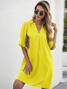 EMERY ROSE Women's Summer Fashion Solid Color Notch Neck Mid-Sleeve Dress - Yellow - View 4