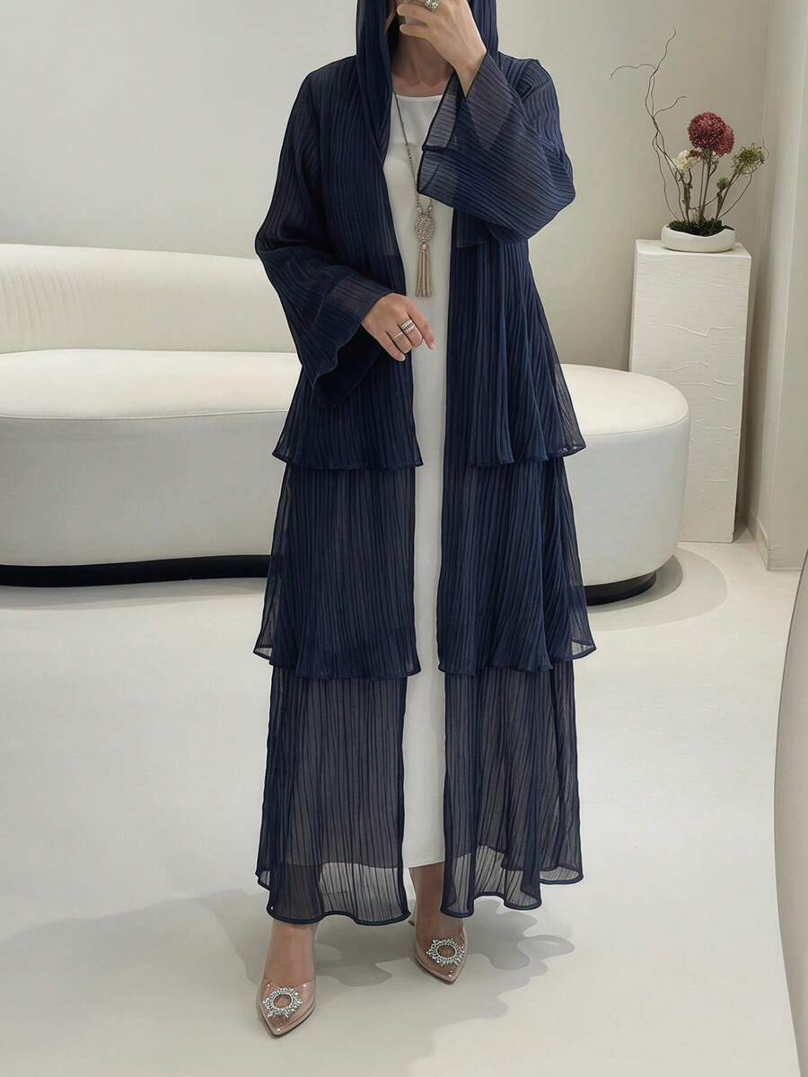 Al Najma 女士纯色喇叭袖荷叶边宽松阿拉伯长袍 - 黑色 - 查看 1