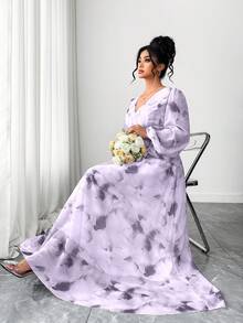 Celure Plus Size Women's Light Purple Print V-Neck Long Sleeve Dress, Elegant For Dates Wedding And Outings Autumn - Purple - View 6