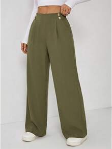 SHEIN EZwear 优雅休闲金属双扣直筒办公裤，大码，秋冬款 - 綠色 - 查看 5